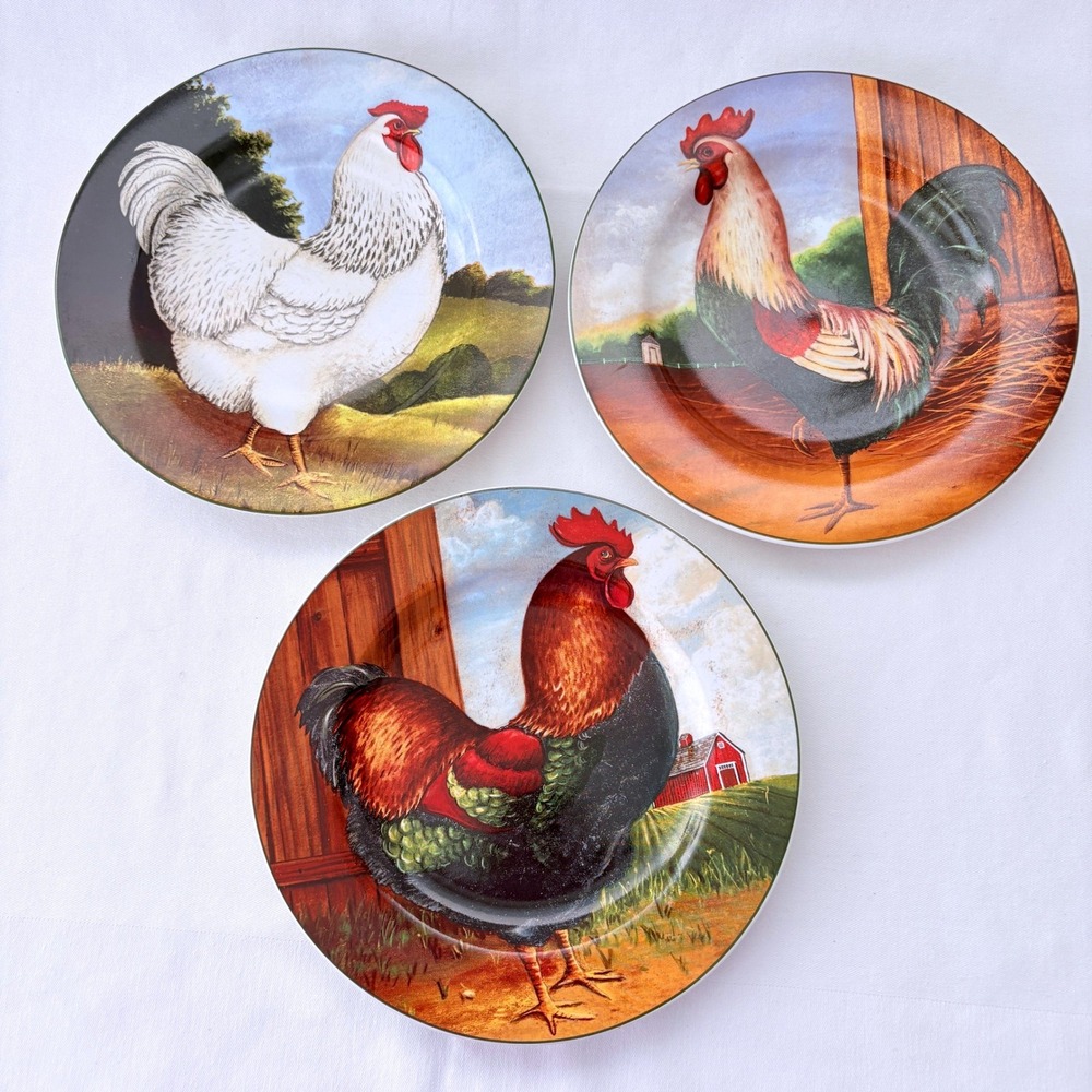 David Carter Brown Sakura On The Farm 8" Rooster Chicken Salad Plates Set 3